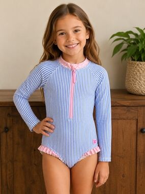 RuffleButts Girls Blue Seersucker One Piece Rash Guard Swimsuit Pink Trim Size 6